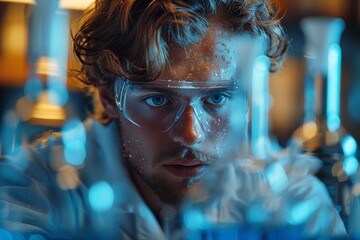 Poster - a scientist observing chemical reactions with intense focus, surrounded by laboratory glassware fill