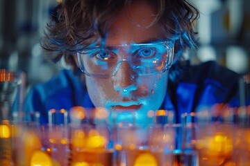 Poster - Close-up of a concentrated scientist analyzing multiple colorful liquid samples in a lab setting Important elements are precision and discovery