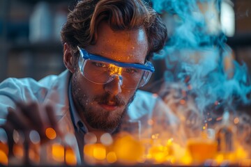 Poster - an intense depiction of a scientist with steaming flasks, indicating chemical experimentation in a m