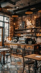 Poster - A cozy cafe with wooden tables and chairs, and a brick wall