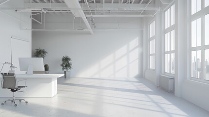Poster - A large, empty office space with a desk and a chair