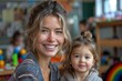 © Larisa AI - A heartwarming portrait of a cheerful mother and her young daughter in a colorful indoor setting