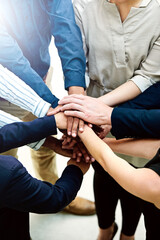 Poster - Business people, hands and pile for teamwork solidarity or partnership as b2b project, target or goals. Colleague, circle and tech startup or community collaboration with stack, huddle or support