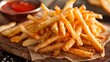 Close-up of a pile of deep-fried French fries glistening with oil, served on a wooden board with a side of tangy dipping sauce
