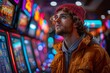 Young man in a beanie and winter jacket looking curiously at slot machines in a casino