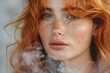 Captivating close-up of a red-haired woman with freckles surrounded by whisps of smoke, creating a dreamy effect
