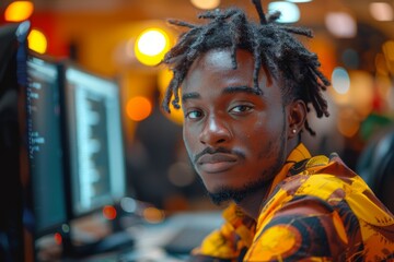 Poster - Young African American coder wearing vivid traditional attire focused on coding on a computer at work
