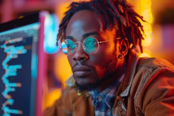 Poster - A vibrant image of a man using a computer in a room bathed in captivating neon lights