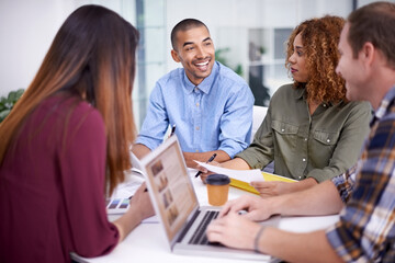 Aufkleber - Meeting, laptop and business people in office for idea, collaboration or planning project. Professional, diversity and staff with technology for teamwork, review or discussion at interior design firm