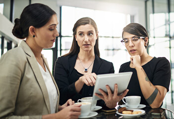 Wall Mural - Women, team and confused in office with tablet for daily business review or feedback and unsure for online information. People, digital technology and web for company growth or progress and results.