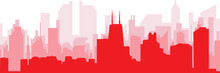 Red Panoramic City Skyline Poster With Reddish Misty Transparent Background Buildings Of CHICAGO, UNITED STATES