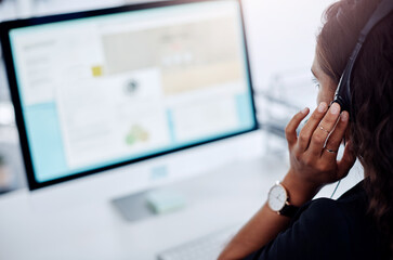 Aufkleber - Woman, consultant and call center with headphones for tech support, customer service or online advice at office. Rear view of female person or agent with mic on computer for web, help, or assistance