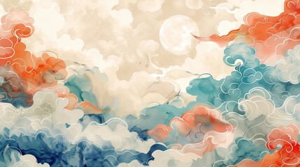 Wall Mural - Chinese clouds and sky in watercolor soft tones color style. Seamless pattern background. AI generative.