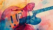 Guitar on abstract watercolor background. Digital illustration painting. Ai generative.