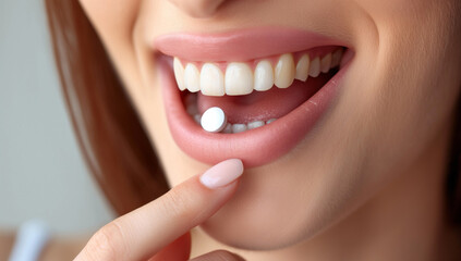 A woman is taking a pill in her mouth . The pill is white and small. The woman has a bright smile on her face