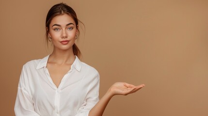 Poster - A woman is posing for a picture with her hand raised