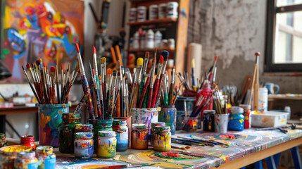 A messy art studio with many paint brushes and paint jars
