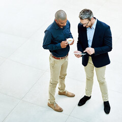 Aufkleber - Business, people and meeting with tablet or coffee in office for coaching with collaboration. Team, man and partner with digital technology for support or planning of idea for project proposal