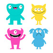 Happy Halloween. Four monster set. Cute cartoon kawaii funny boo character. Colorful silhouette monsters. Different face. Teeth, eyes, horns, hands. Childish style. White background Flat design Vector