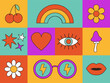 Groovy retro icon set in 60s, 70s hippie style. Funny cartoon rainbow, sunglasses, daisy flower, mushroom, heart, star, cherry lips eye. Poster, card. Trendy psychedelic. Colorful background Vector