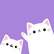 Two cute white cat set in the corner waving hand. Funny kitten face head. Cartoon kawaii baby character. Pet animal. Pink ears, paw print. Valentines day. Flat design. Violet background. Vector
