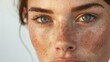 © liliyabatyrova - Close-up of a woman's face with green eyes looking at the camera, freckles on a white background. Detailed image with selective focus