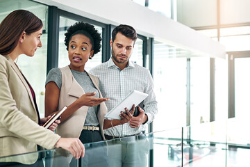 Poster - Professional, business people and tablet for discussion in office for information, internet or news stories. Journalists, man or women with tech in workplace for opinion or content update or teamwork