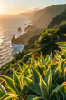 Sunset landscape of rocky coastline overlooking the sea and mountains with tropical plants