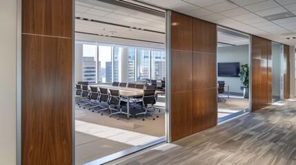 Aufkleber - Empty Conference Room With Glass Walls and Wooden Floors