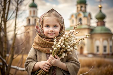 Palm Sunday. Christianity. Portrait of a three-year-old girl in a Russian folk shawl with willow branches in her hands against the background of an Orthodox church.