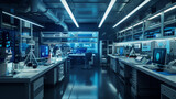 Fototapeta  - Scientific Laboratory Background at Night, Mysterious and High-Tech