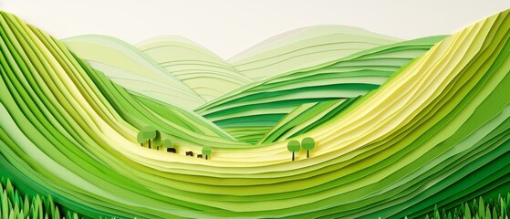 Poster - Abstract organic green color landscape mountains valley with trees, paper cut overlapping paper waves texture background banner panorama for webdesign or business illustration