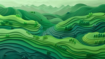 Poster - Abstract organic green color landscape mountains valley with trees, paper cut overlapping paper waves texture background banner panorama for webdesign or business illustration