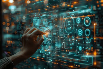 Poster - A concept of modern technology where a hand interacts with a holographic interface containing various icons and graphs