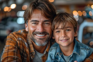 Happy father and son sharing a moment, selfie shot with warm smiles