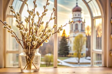 Wall Mural - Palm Sunday. A close-up of a willow bouquet in a glass vase against the background of an ancient white window with a view of the golden domes of the temple and the setting sun.