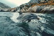 An immersive photograph exhibiting a dolphin navigating wild waters near a rocky shore