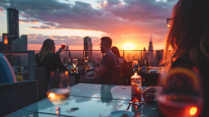 Wall Mural - A trendy rooftop bar with panoramic city views, where stylish patrons sip on craft cocktails and nibble on gourmet appetizers as the sun sets in the distance.