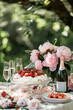 Various desserts, cake, berries and fruits on a beautifully decorated outdoor table