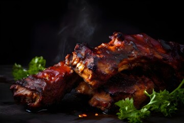 Wall Mural - bbq smoked ribs with dark background