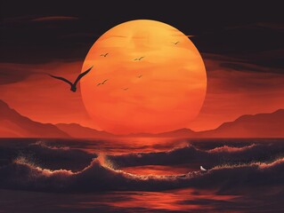 Wall Mural - A painting of a large orange sun with a bird flying over the ocean. The mood of the painting is serene and peaceful