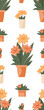 Vector seamless pattern with flowers and leaves in various pots on white background. Hobby garden textile. Texture with flat illustration of lilies in vases for wallpaper, wrapping paper