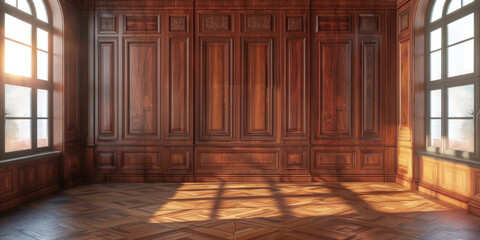 Wall Mural -  empty room with dark wood paneling and window, Luxury wood paneling background or texture. highly crafted classic or traditional wood paneling, with a frame pattern