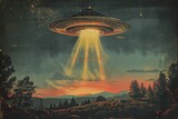 Fototapeta  - Retro poster of an iconic UFO sighting event, stylized like a 1950s movie advertisement, bold fonts, dramatic depiction