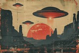 Fototapeta  - Step back in time with a captivating retro portrayal of a legendary UFO encounter, evoking the essence of a classic 1950s film promo!