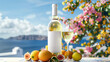 White wine, fruits and flowers on the background of the Mediterranean landscape