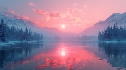 Frozen Lake at Dawn - A tranquil, icy lake reflecting the first light of dawn.