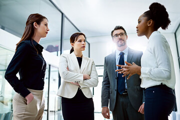 Poster - Office, meeting and business people with teamwork in lobby for legal case, collaboration or feedback. Lawyer, consulting and diversity at law firm with communication for evidence, planning or support