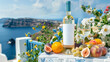 White wine, fruits and flowers on the background of the Mediterranean landscape