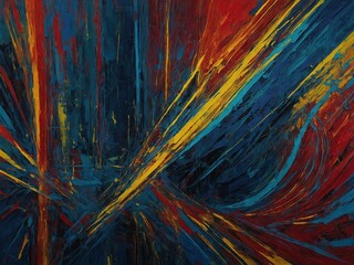 Poster - Vibrant explosion of colors dominates canvas, where thick strokes of red, blue, yellow paint intersect, diverge, creating dynamic, chaotic visual experience.